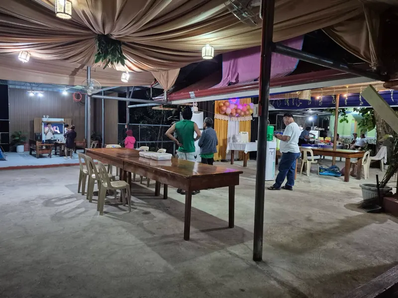Function hall set up for a party at night